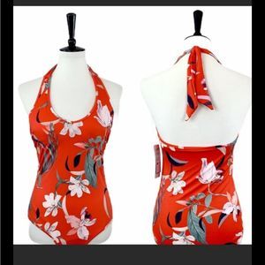 Athleta waimea one piece swim suit floral plunge red small orange